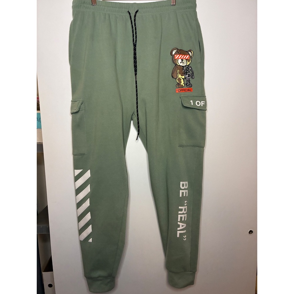 RGSTR Sweatpants Mens L Green Be Real Cyborg Bear Cargo Joggers Streetwear